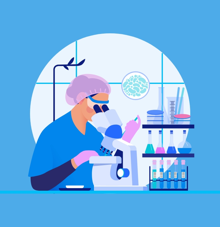 illustration of woman in lab looking into microscope